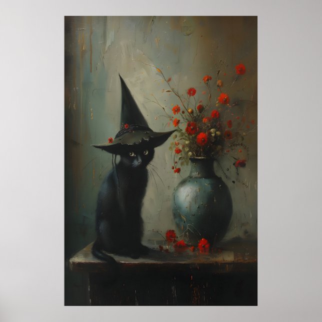 Cute Black Cat Witch With Dark Botanicals, Dark Poster (Front)