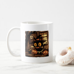 Cute Black Cat Witch with Pumpkin Bucket Coffee Mug