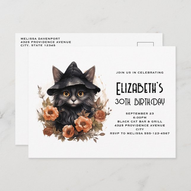 Cute Black Cat Witch's Hat Birthday Invitation Postcard (Front/Back)