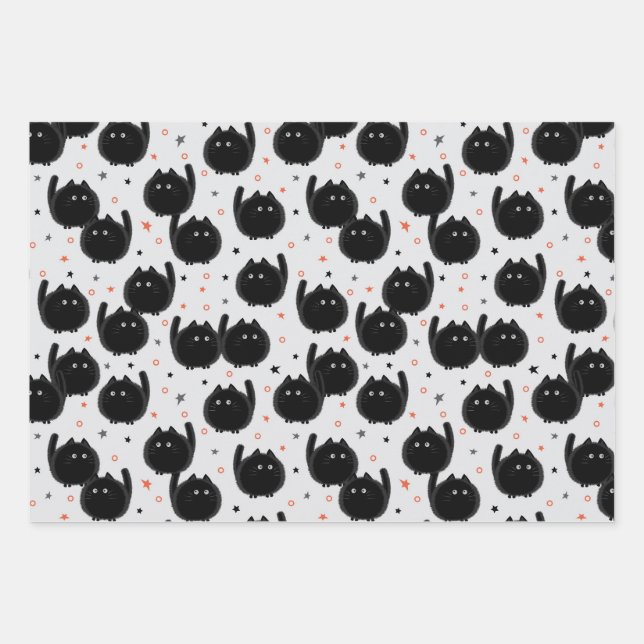 Cute Black Cat Witchy Watercolor Halloween Wrapping Paper Sheet (Front)