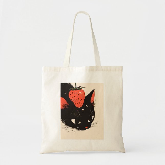 Cute Black Cat With A Strawberry Tote Bag (Front)