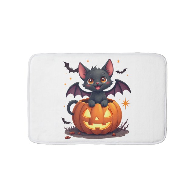 Cute Black Cat With Bat Wings Jack O Lantern Kitty Bath Mat (Front)