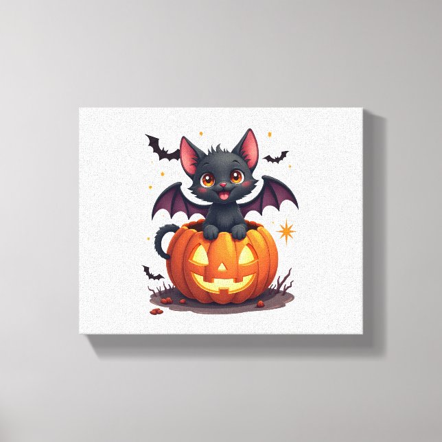 Cute Black Cat With Bat Wings Jack O Lantern Kitty Canvas Print (Front)