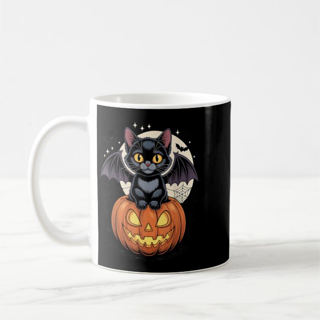 Cute Black Cat With Bat Wings Jack O Lantern Kitty Coffee Mug (Left)
