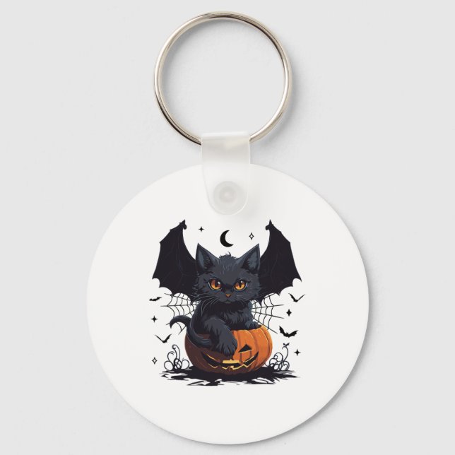 Cute Black Cat With Bat Wings Jack O Lantern Kitty Key Ring (Front)