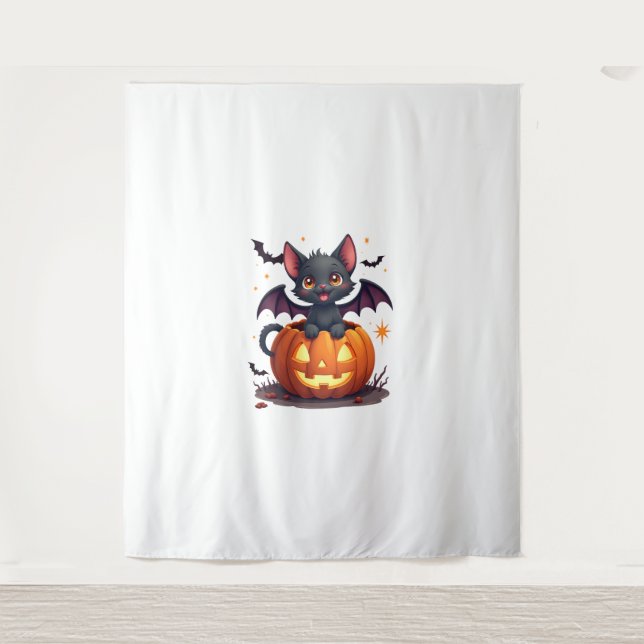 Cute Black Cat With Bat Wings Jack O Lantern Kitty Tapestry (Front)