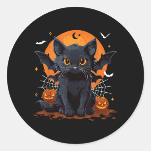 Cute Black Cat With Bat Wings Pumpkin Women Men Classic Round Sticker