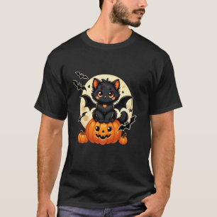 Cute Black Cat With Bat Wings Pumpkin Women Men Ha T-Shirt