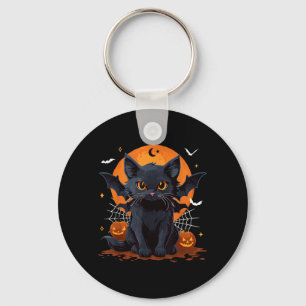 Cute Black Cat With Bat Wings Pumpkin Women Men Key Ring