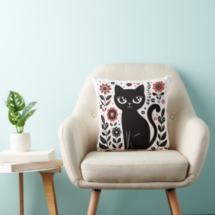 Cute Black Cat with Big Eyes and Flowers Cushion