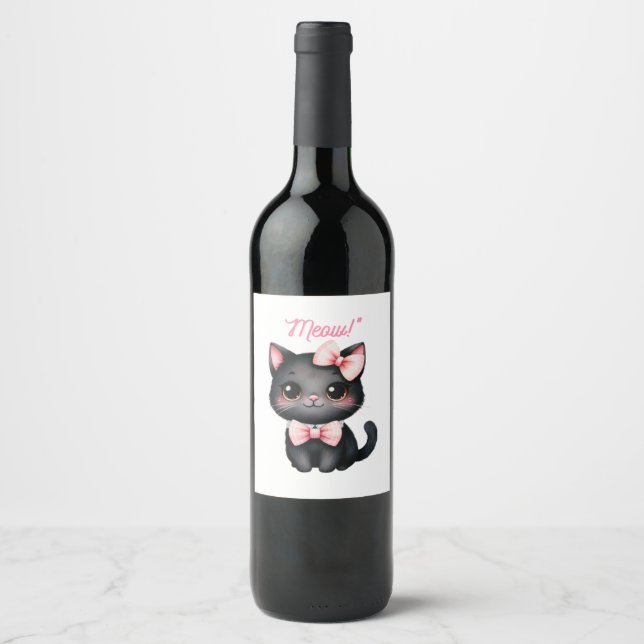 Cute Black Cat with Bow for Halloween Decoration Wine Label (Front)