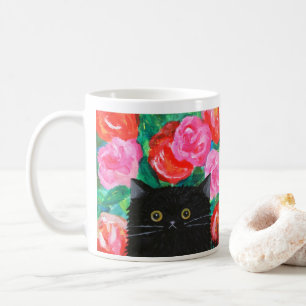 Cute Black Cat with Bright Colorful Flowers Art Coffee Mug