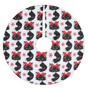 CUTE BLACK CAT WITH CHRISTMAS RED BOW BRUSHED POLYESTER TREE SKIRT