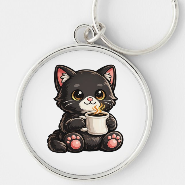 Cute Black Cat with Coffee Key Ring (Front)