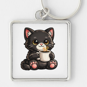 Cute Black Cat with Coffee Key Ring