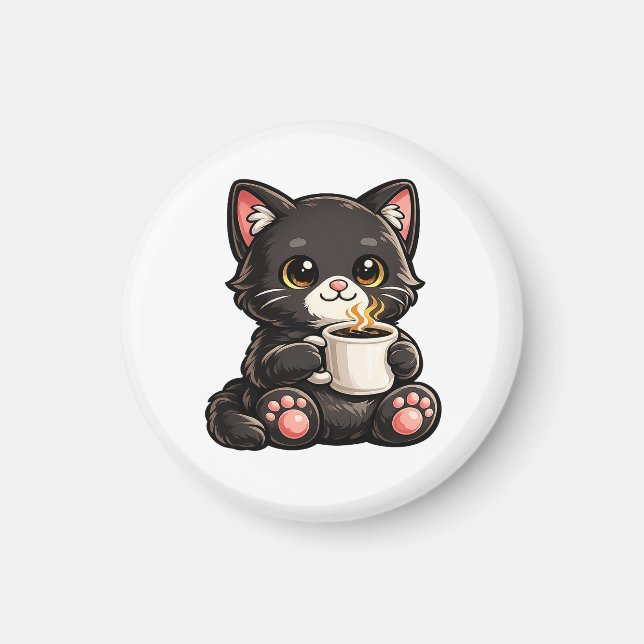Cute Black Cat with Coffee Magnet (Front)
