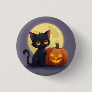 Cute Black Cat with Glowing Carved Pumpkin 3 Cm Round Badge
