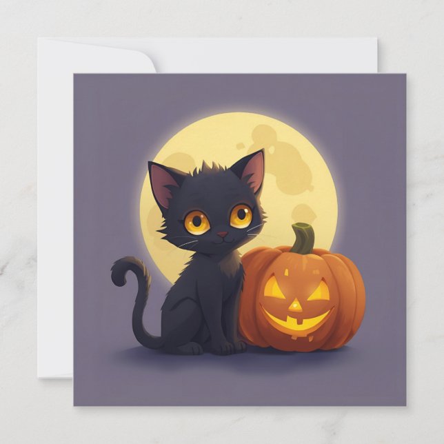 Cute Black Cat with Glowing Carved Pumpkin Invitation (Front)