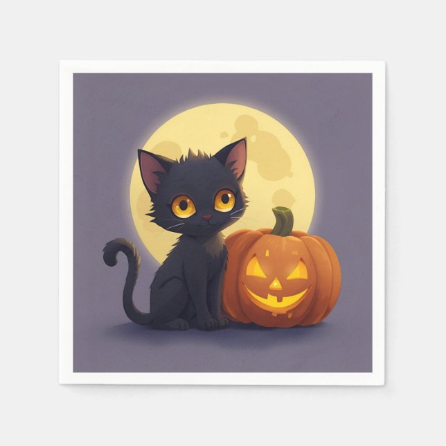 Cute Black Cat with Glowing Carved Pumpkin  Napkin (Front)
