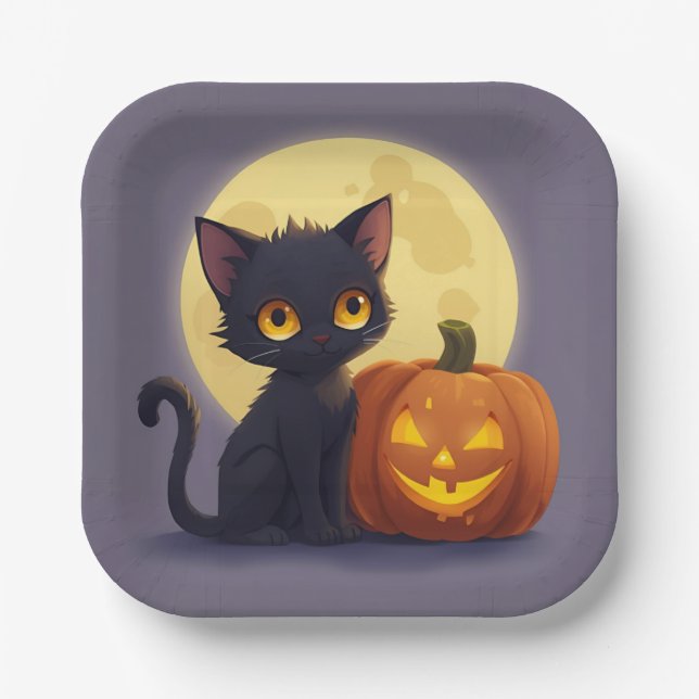 Cute Black Cat with Glowing Carved Pumpkin  Paper Plate (Front)