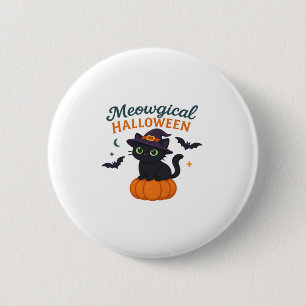 Cute Black Cat with Glowing Green Eyes on Pumpkin  6 Cm Round Badge