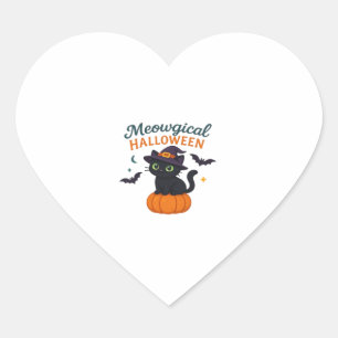 Cute Black Cat with Glowing Green Eyes on Pumpkin Heart Sticker