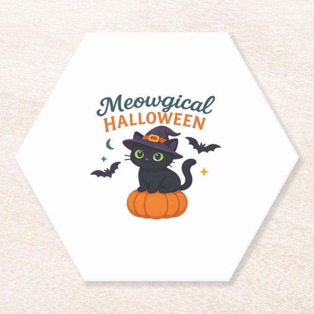Cute Black Cat with Glowing Green Eyes on Pumpkin  Paper Coaster (Front)