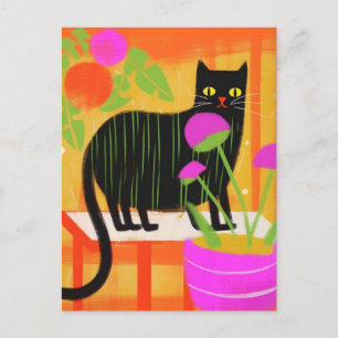 Cute Black Cat with Green Stripes in Houseplants Postcard