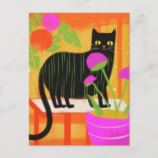 Cute Black Cat with Green Stripes in Houseplants Postcard (Front)
