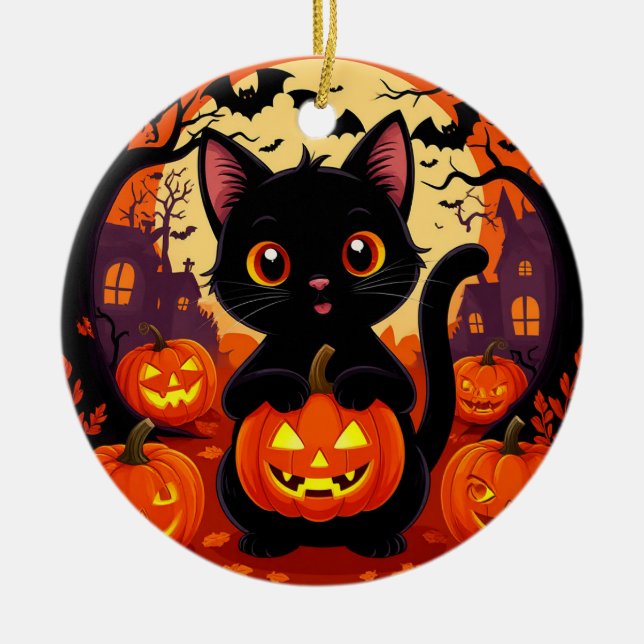 Cute Black Cat with Halloween Pumpkins Ceramic Tree Decoration (Front)