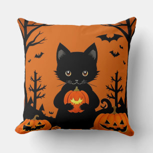 Cute Black Cat with Halloween Pumpkins Cushion