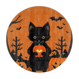 Cute Black Cat with Halloween Pumpkins Cutting Board