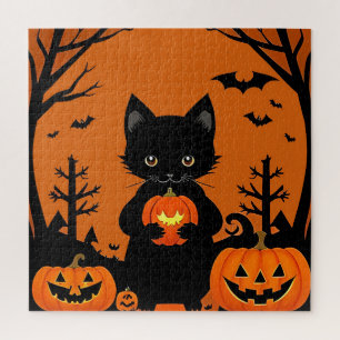 Cute Black Cat with Halloween Pumpkins Jigsaw Puzzle
