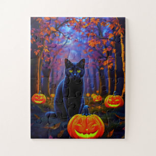 Cute Black Cat with Halloween Pumpkins Jigsaw Puzzle