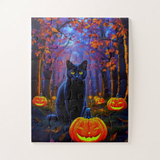 Cute Black Cat with Halloween Pumpkins Jigsaw Puzzle