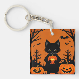 Cute Black Cat with Halloween Pumpkins Key Ring