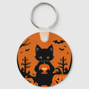 Cute Black Cat with Halloween Pumpkins Key Ring