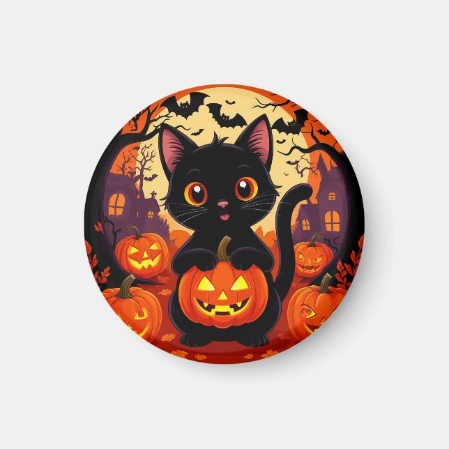 Cute Black Cat with Halloween Pumpkins Magnet (Front)