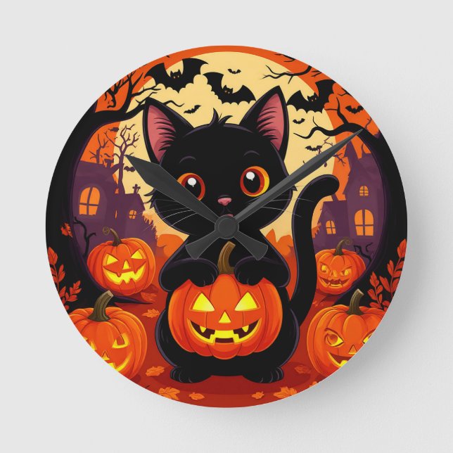 Cute Black Cat with Halloween Pumpkins Round Clock (Front)