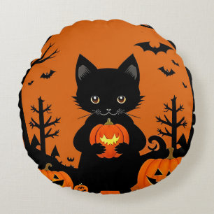 Cute Black Cat with Halloween Pumpkins Round Cushion
