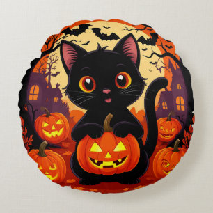 Cute Black Cat with Halloween Pumpkins Round Cushion