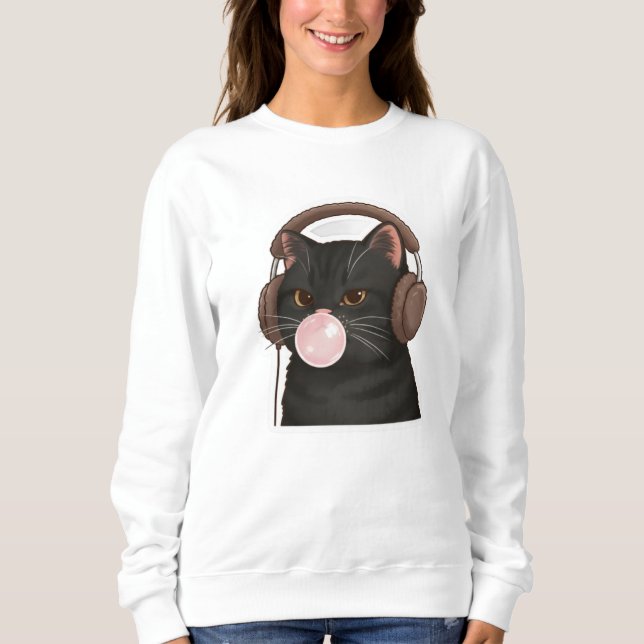 Cute Black Cat with Headphones Blowing Bubblegum  Sweatshirt (Front)
