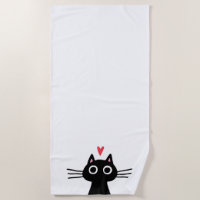 Cute Black Cat with Heart Beach Towel