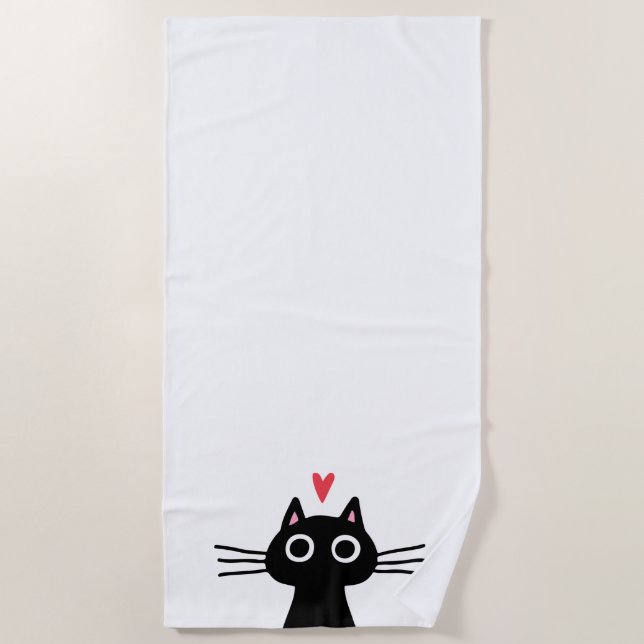 Cute Black Cat with Heart Beach Towel (Front)
