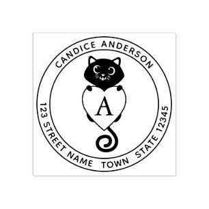 Cute Black Cat With Heart Monogram Rubber Stamp