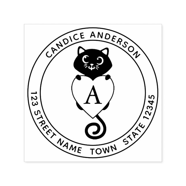 Cute Black Cat With Heart Monogram Self-inking Stamp (Design)