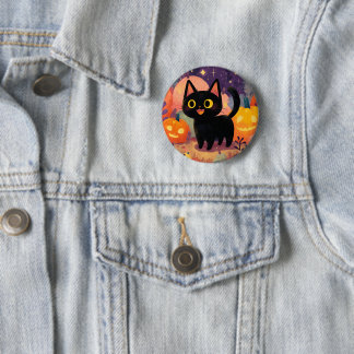 Cute Black Cat with Jack-o’-Lanterns - Button