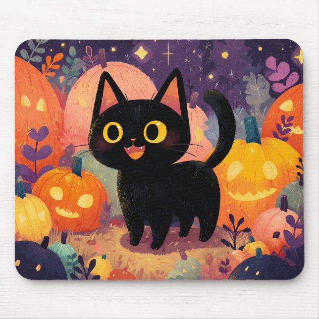 Cute Black Cat with Jack-o’-Lanterns - Mousepad (Front)