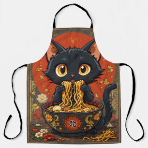 Cute Black Cat with Noodles Apron