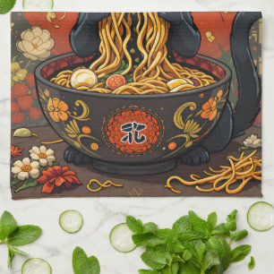 Cute Black Cat with Noodles Tea Towel